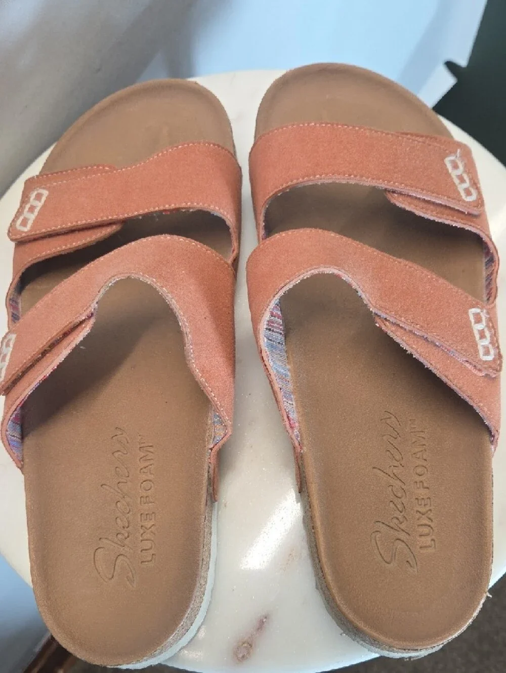 Skechers Women's Rust Faux Suede Double-Strap Cork Slide Sandals